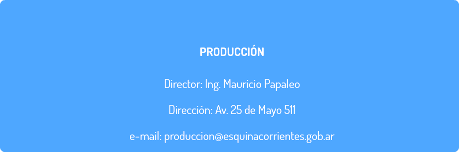 PRODUCCIÓN Director: Ing. Mauricio Papaleo Dirección: Av. 25 de Mayo 511 e-mail: produccion@esquinacorrientes.gob.ar